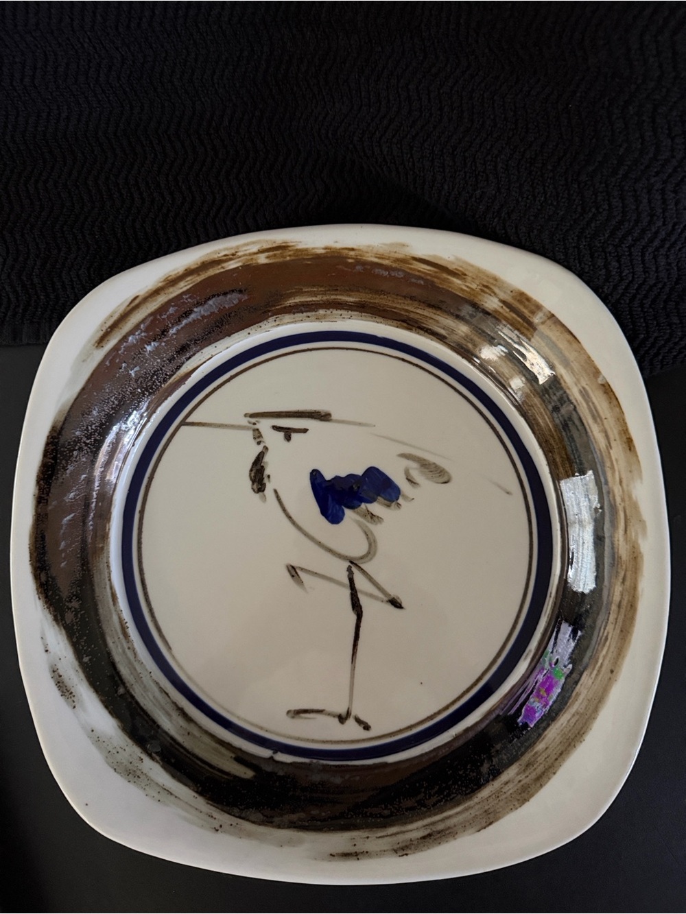 Dansk White Ceramic Plate with Blue and Brown Heron Bird Design.